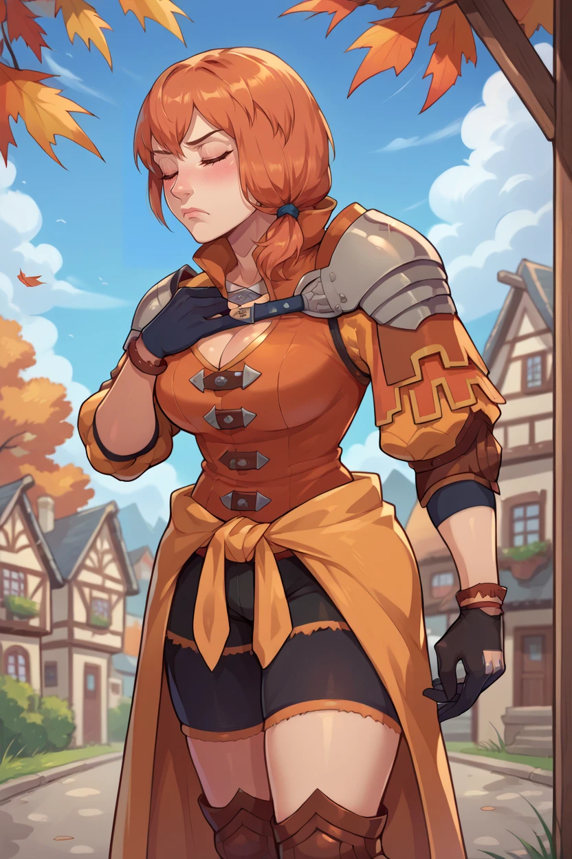 score_9, score_8_up, score_7_up, score_6_up, source_anime BREAK 1girl, solo <lora:leonie-pdxl-nvwls-v1-000005:1> warLeonie, orange hair, medium hair, orange eyes, shoulder armor, orange tunic, black shorts, clothes around waist, black gloves, knee pads, closed eyes, large breasts, from side, hands on own breasts, blush, frown, blue sky, autumn, village, cleavage