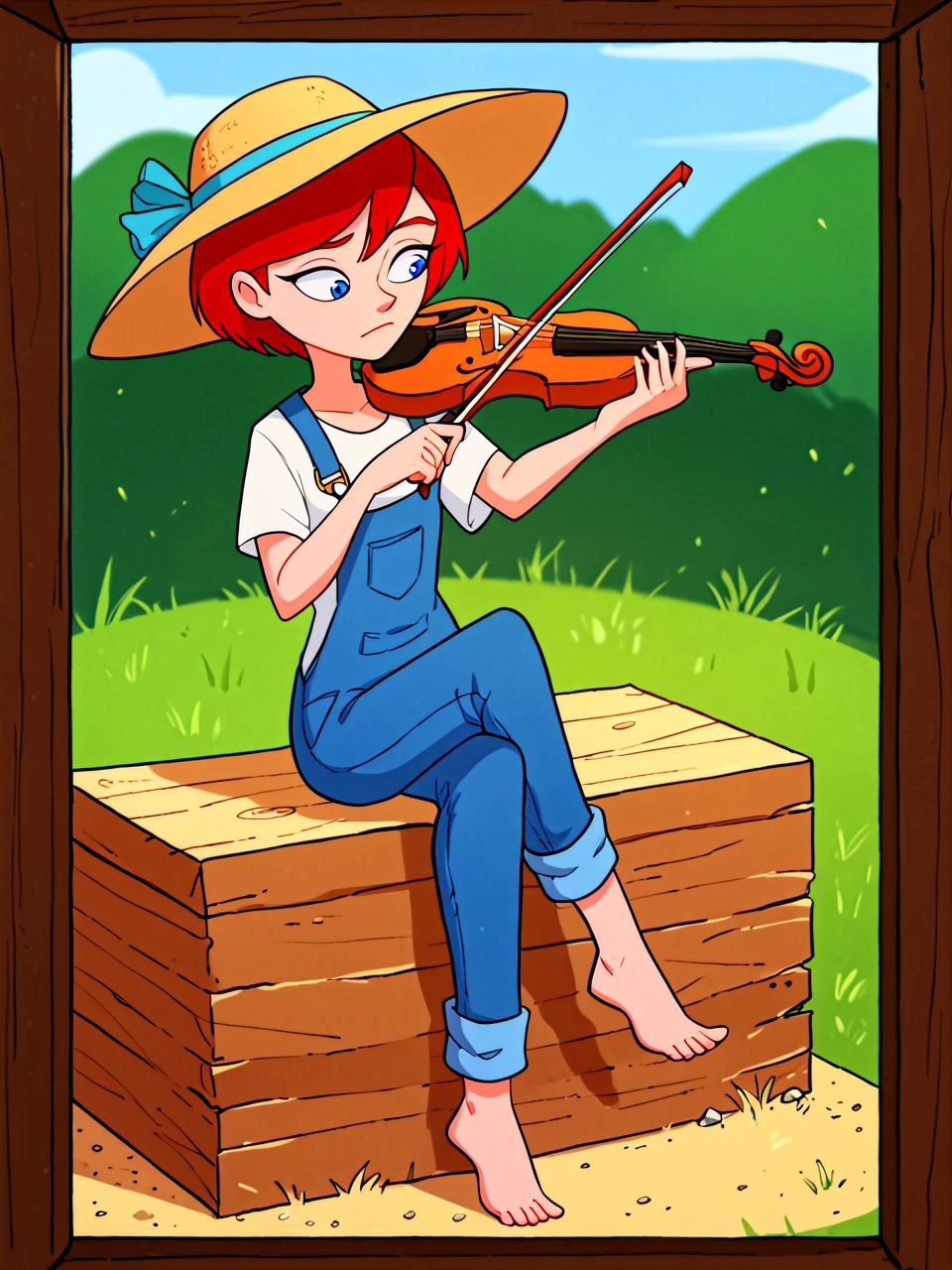score_9, score_8_up, score_7_up, score_6_up, score_5_up, score_4_up, toon \(style\), <lora:alicetTV_PDXL:1.0> alicettv, short hair, blue eyes, red hair, large head, tiny body, wooden porch, dilapidated shack, sitting on hay bale, straw hat, naked overalls, jeans, barefoot, chewing grass, holding violin, playing violin, <lora:OrchestraPDXLMusical_violin:1>