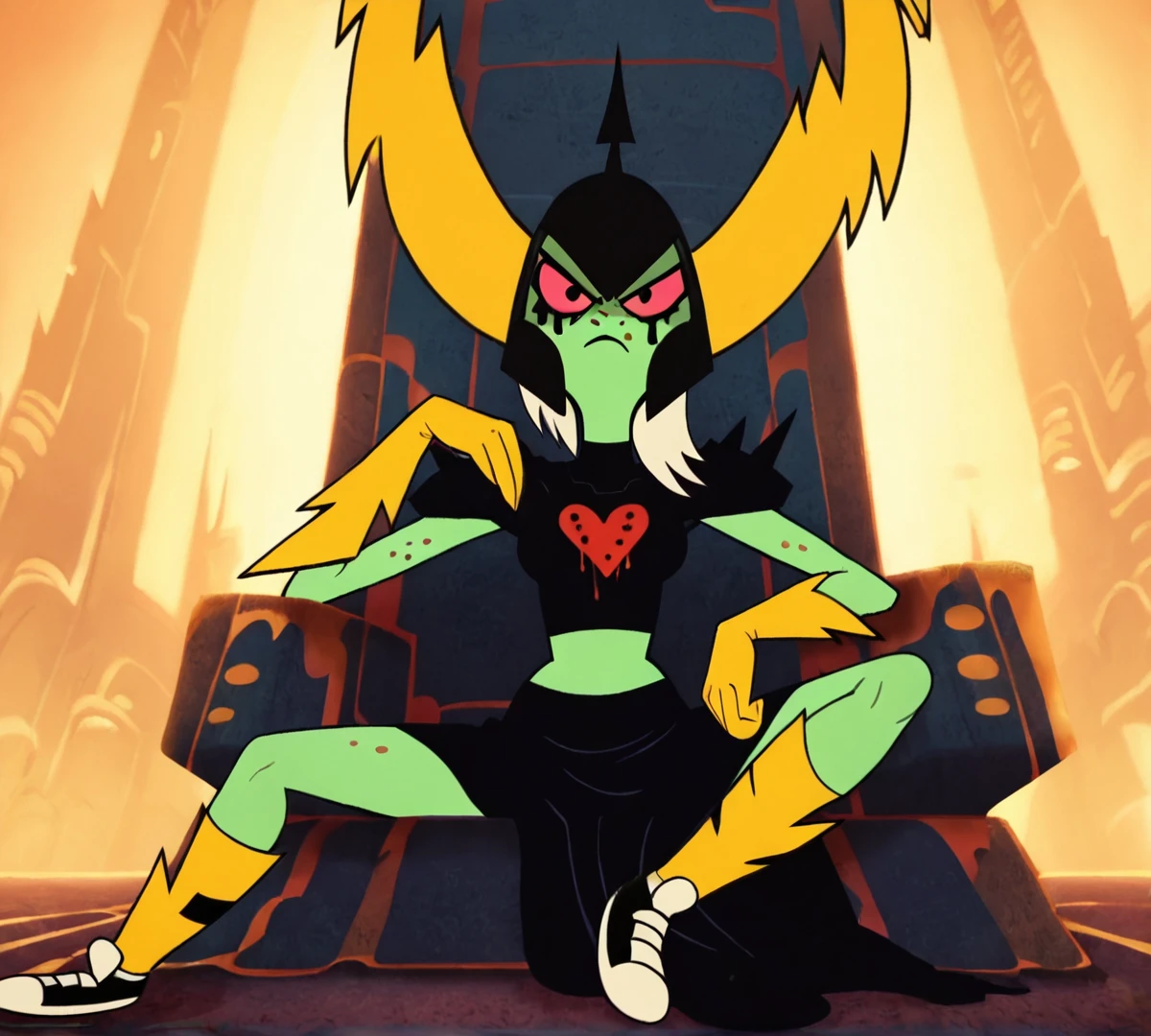 Lord Dominator, zPDXL, best quality, amazing quality, score 9, looking at viewer, angry, helmet, throne, sitting, fully body, <lora:Lord_Dominator:0.8>