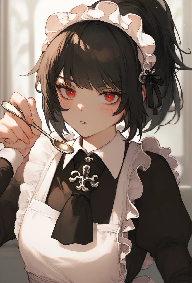 (score_9, score_8_up:1.1), score_7_up, masterpiece, <lora:Ryoshu_Limbus_Company:1>, RyoshuLimbus, RyoshuMaid, 1girl, solo, looking at viewer, blush, bangs, black hair, red eyes, holding, upper body, ponytail, parted lips, apron, fingernails, maid, maid headdress, maid apron, spoon, feeding, holding spoon, incoming food