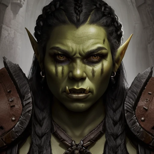 photo of a woman, a female orc, portrait, tough girl, black hair, braids, silver earrings, medium shot, beautiful face, strong woman, female barbarian, leather clothing, medieval, fantasy, RAW photo, DLSR, cinematic, masterpiece, highly detailed, trending on artstation, sharp focus <lora:Sheorc_V3_e10:1>