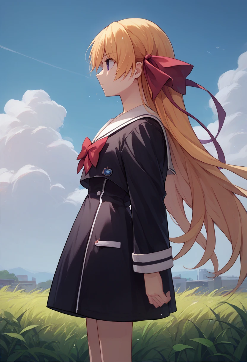 score_9, score_8_up, score_7_up, profile, solo, 1girl, kurusu nono, expressionless, standing, blonde hair, hair ribbon, red ribbon, school uniform, black dress, short dress, white sailor collar, red bow, long sleeves, blue sky, cloud, outdoors, grass <lora:chaoschild_kurusu_ponyXL:1>