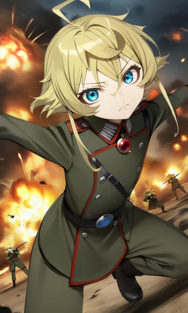 1girl, tanyadegurechaff, blue eyes, blonde hair, pointy hair, ahoge, 
red gem, military uniform, 
standing, looking at viewer, dynamic pose, 
battlefield, war, night, explosions, fire, 
masterpiece, best quality, very aesthetic, absurdres, nyatabe, 
<lora:TanyaDegurechaff_XL:1><lora:Nyatabe_XL:1>