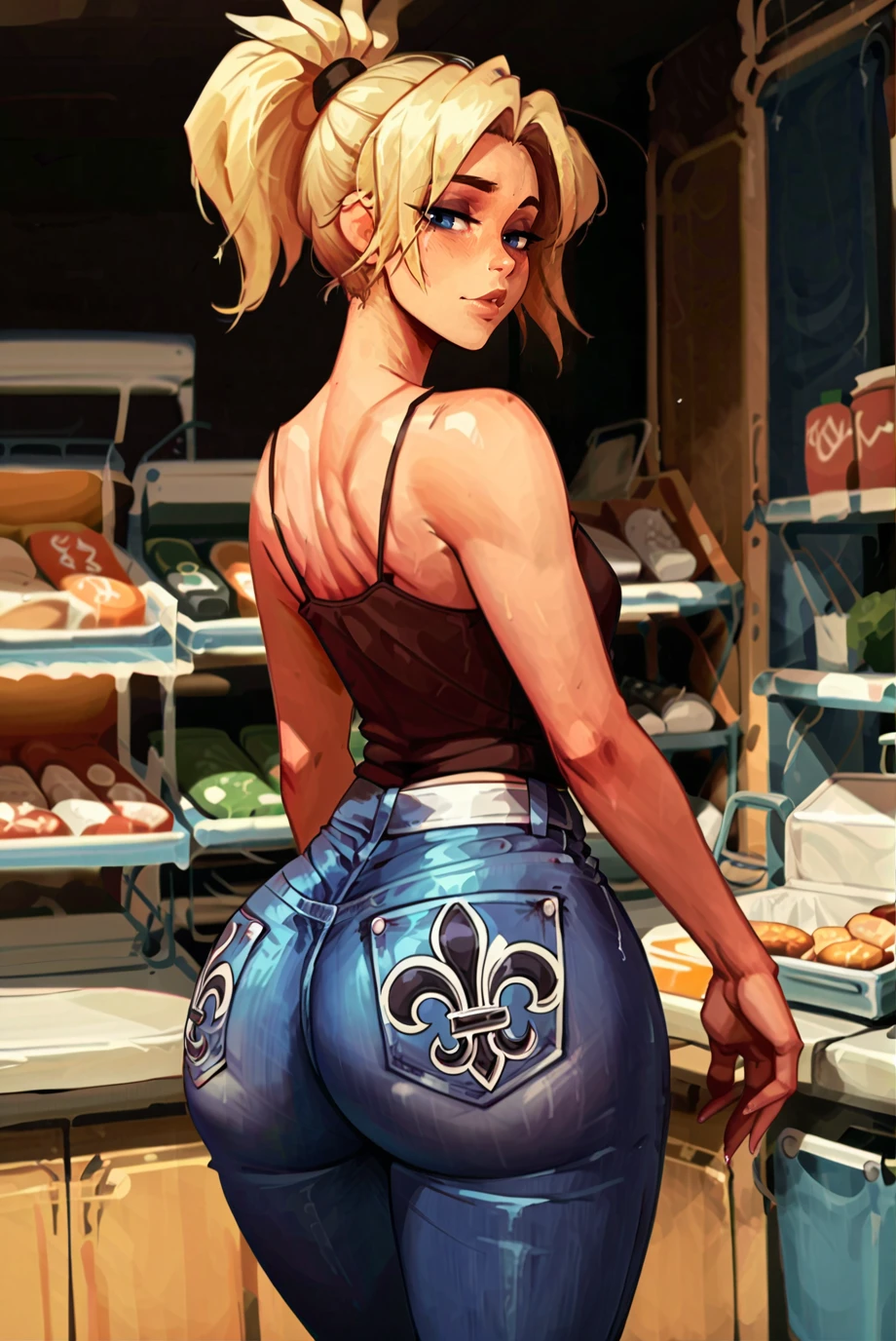 score_9, score_8_up, score_7_up, score_6_up, 1girl, mercy \(overwatch\), cowboy shot, huge ass, camisole, missme jeans, fleur-de-lis, looking back, bedroom eyes, supermarket
<lora:missmepony-10:1>
<lora:Raichiyo_Style_v2-10:1>