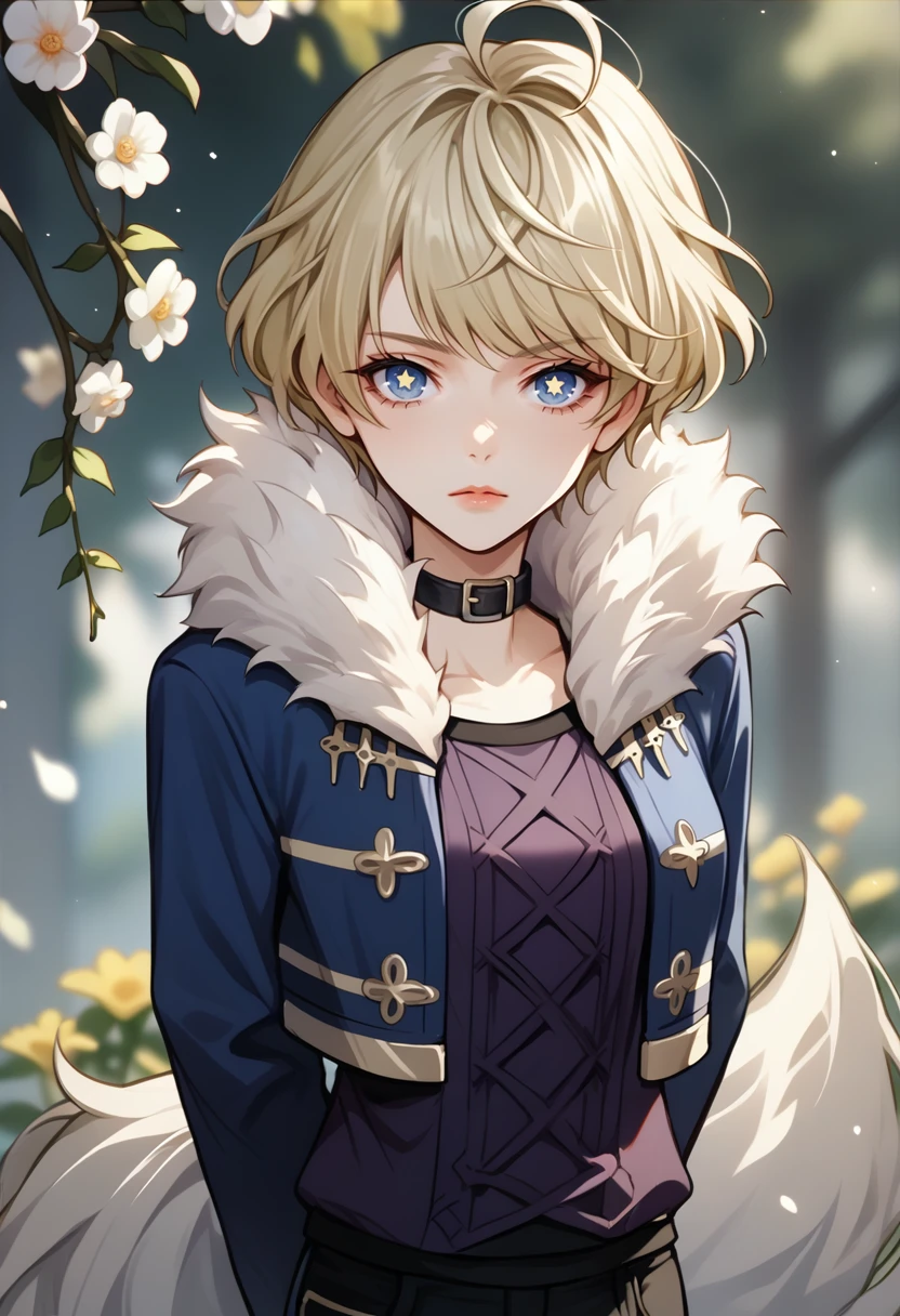 score_9, score_8_up, score_7_up, source_anime, 1girl, solo, looking at viewer, big eyes, pouty lips, star-shaped pupils, arms behind back, BREAK <lora:MerrinFE-pdxl:1> casMerrin, short hair, ahoge, black choker, fur-trimmed jacket, medium breasts, cropped jacket, long sleeves, purple shirt, black pants, wolf tail, outdoors, flowers