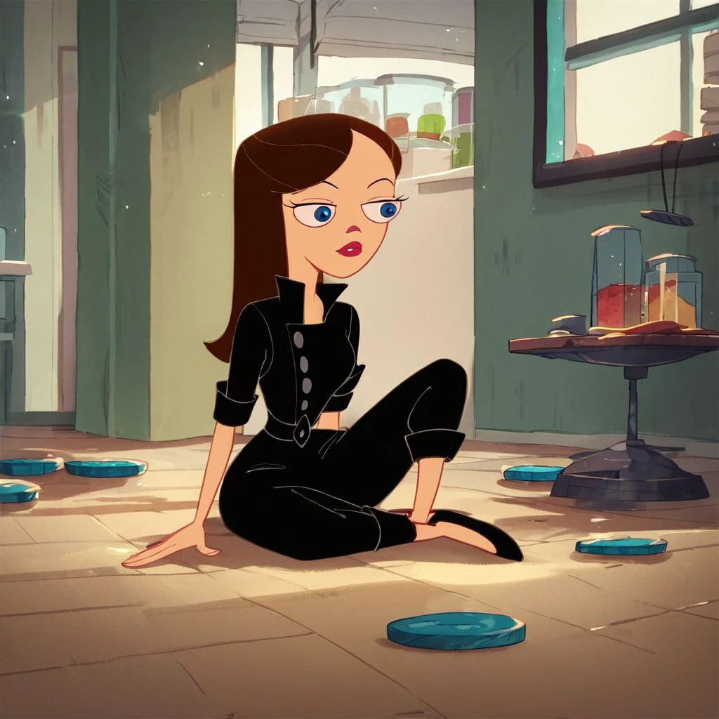 score_9, score_8_up, score_7_up, score_6_up, score_5_up, score_4_up, rating_safe, 1girl, VanessaDoof, black outfit, cartoon, sitting on the floor, in a lab