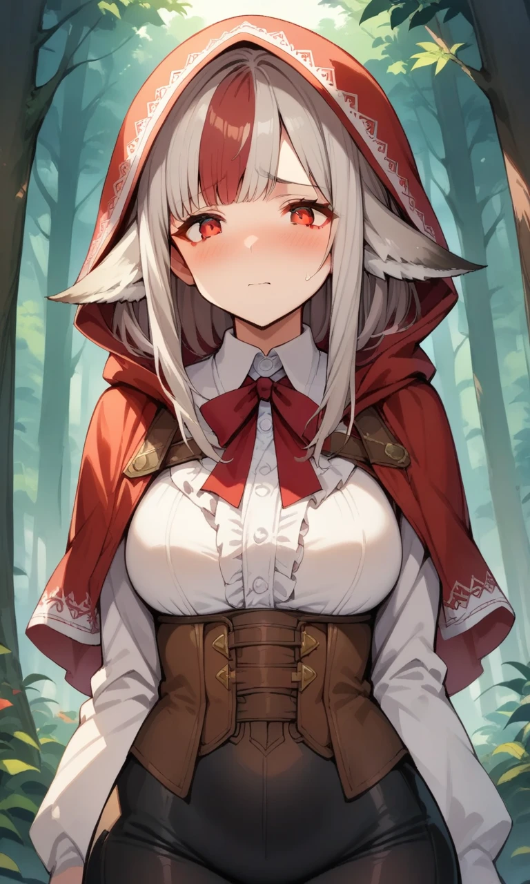 score_9,score_8_up,score_7_up, source_anime, 1girl, solo, velouria, animal ears, wolf tail, forest, shy, red eyes,