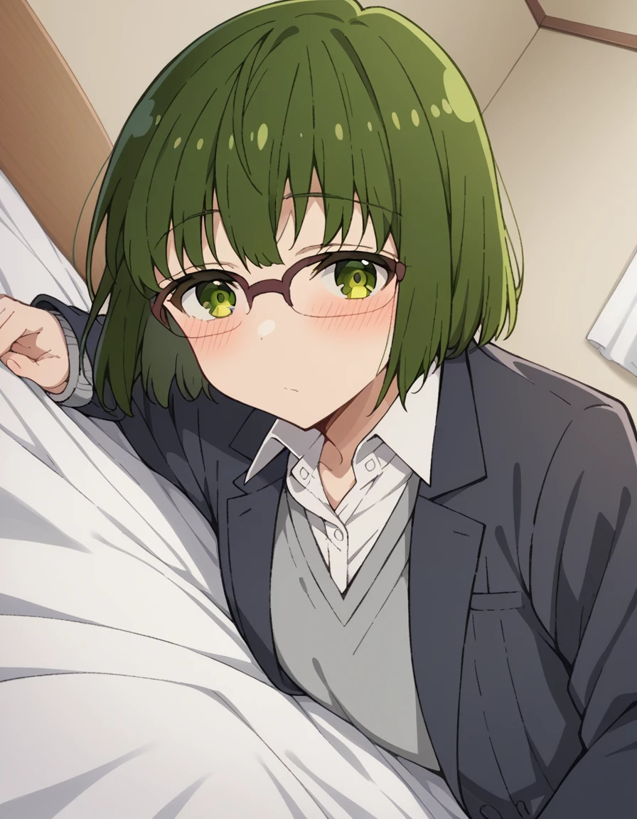Anime background art, bottom of room, one bed, lying on a bed, beautiful anime scenes, 4K anime art wallpaper, 4k anime art wallpaper, Rosla global illumination, anime girl, best quality, detailed, 1 girl, alone, same as LORA, same as lora, closed mouth, smile, Flushed face, green hair, hairy accessory, glasses, short hair, defined eyes, green eyes, looking at viewer, perfect face, perfect eyes, lora costume, big tits, nude, naked, completely naked, showing her vagina, perfect vagina, open legs, open vagina, perfect anus, see vagina, naked vagina, penis, penis inside vagina, penis in vagina, being penetrated, scene sex, rshe from the front, missionary pose.