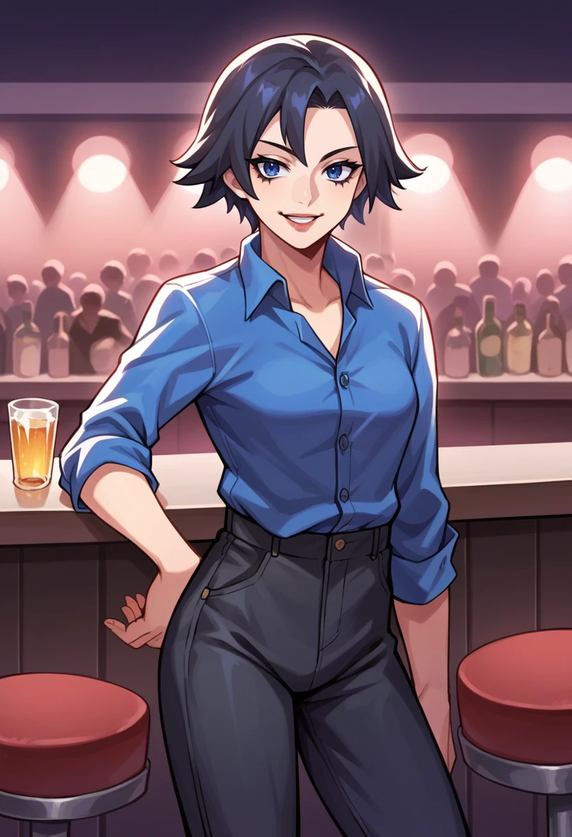 score_9, score_8_up, score_7_up, source_anime BREAK 1girl, solo, <lora:zs_AnnaXL:1> annap2, short hair, black hair, blue eyes, collared shirt, blue shirt, black pants, eye shadow, lipstick,
cowboy shot, bar, concert, night, smile