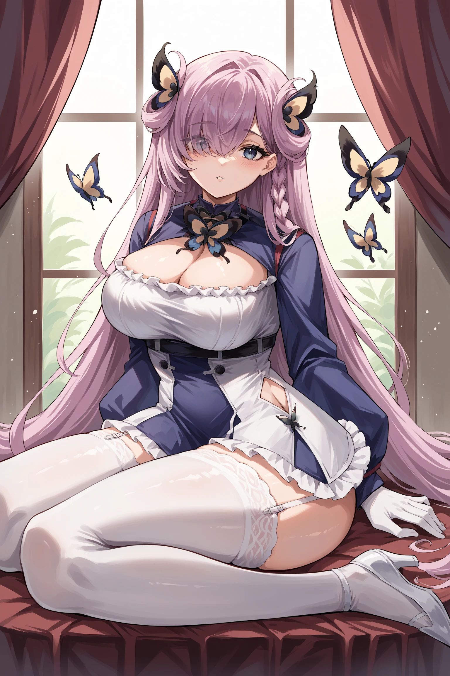 score_9, score_8_up, score_7_up, , rating_sensitive,nsfw, 1girl  ,louisd, hair over one eye, single braid, butterfly hair ornaments, neck butterfly, frills, shrug \(clothing\), cleavage cutout, white gloves, layered skirt, garter strap, white thighhighs, white high heels, source_anime,  indoors,  <lora:LouisvillePDCAMEq2v1 AL-000006:1>, abstract, spotlight, facing viewer, portrait,