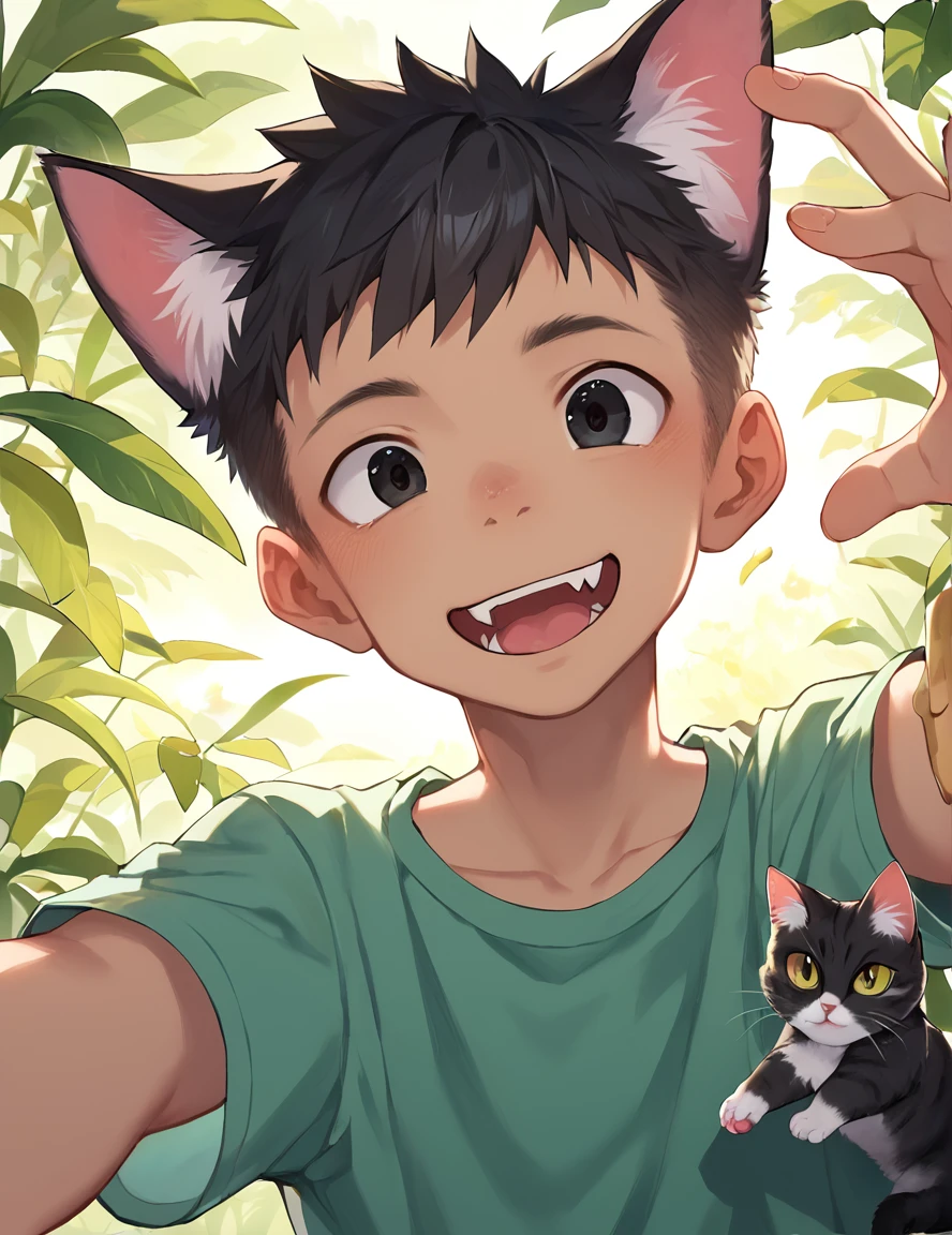 score_9, score_8_up, score_7_up, score_6_up, score_5_up, score_4_up, rating_safe, (fur), (furry), (young:1.0),
BREAK
masterpiece, best quality, absurdres, unity 8k wallpaper, official art, official style,
BREAK
(1boy, cat:1.5),
detailed hair, transparent hair,(looking at viewer, dutch angle),
BREAK
Delicate eyes, beautiful eyes, detailed eyes,
hi res, detailed,(highlight:1.3), shirt, short sleeve,, summer, smile,
black hair, black eyes,
BREAK
((((zPDXL))))