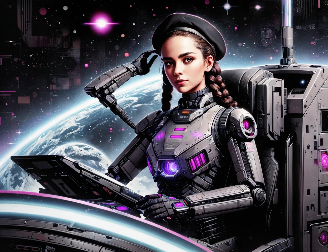 masterpiece illustration, detailed, DonM51ck female galactic network administrator,  senior, lean, scandinavian, brown eyes,      curved forehead,    , light black (soft black) french braid hair, excitement,
 sitting in a cockpit with hands on controls, focused on the mission.,
  wearing robotic exosuit texture    variegated haptic feedback leg holster,  graphene turtleneck,  microchip beret, , striking a pose while powering on or activating an android body., traversable wormhole lighting, first contact with alien civilizations and diplomatic missions ,  <lora:DonM51ck-000008:0.8>