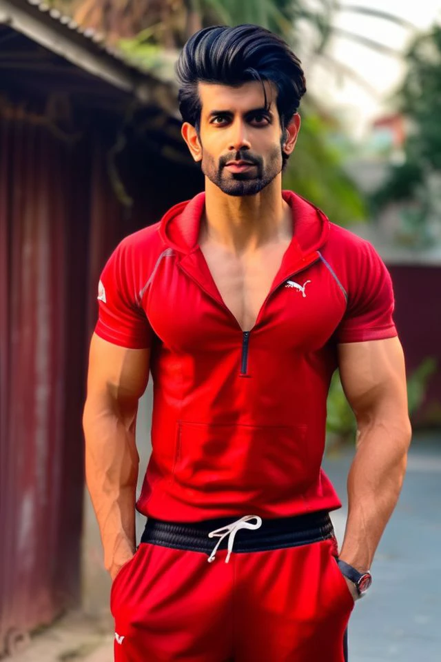 sendhil ramamurthy a man <lora:Namik-Paul_Sendhil-Ramamurthy:1>, realistic photo in a worn ((red tracksuit)), abs, ((light bokeh)), intricate, (steel metal [rust]), elegant, sharp focus, photo by greg rutkowski, soft lighting, vibrant colors, (masterpiece), ((streets)), (detailed face), looking at viewer, light smile, night, walking towards viewer, cinematic lighting, beautiful lighting, cinematic lighting, (hazy filter, film grain:1.2)