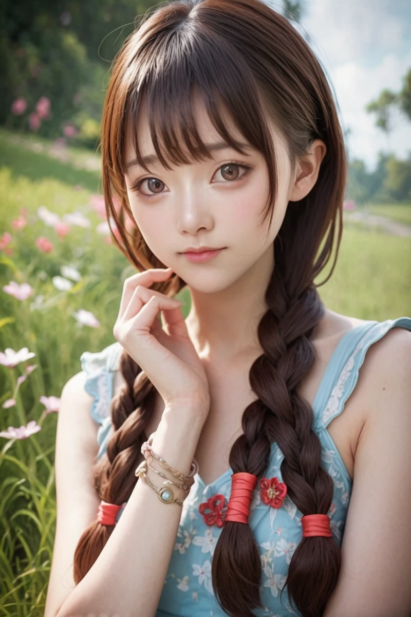 Pozitive_Pony_zPDXL, score_9, score_8_up, score_7_up, score_6_up, masterpiece, ultra detailed, high quality || 1girl, <lora:seeu:1> seeu, 1girl, long hair, looking at viewer, bangs, brown hair, jewelry, closed mouth, outdoors, twin braids, bracelet, lips, grass, solo,