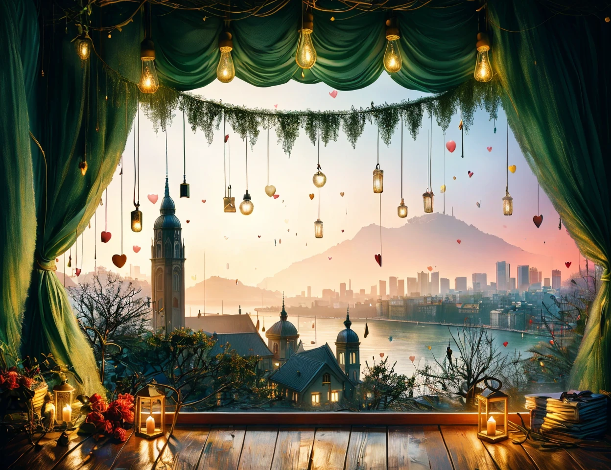 masterpiece illustration, detailed,DonMP41n717Bl4ck valentines day, romantic, cozy, string lights, cupid's arrow, city skyline, serene lakeside retreat, soft lantern glow   <lora:DonMP41n717Bl4ck:1>