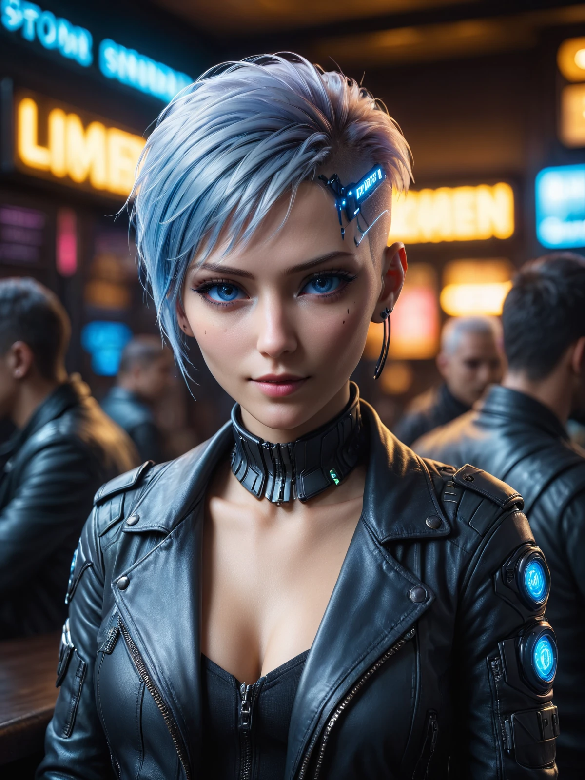 woman, mad-hdwr, cyberpunk, leather jacket, crowded bar, depth of field, neon light, platinum pixie cut, (blue eyes:1.2), light smile, (facing viewer:1.2), <lora:Neon_Cyberpunk_Headware_SDXL:0.8>, raw photo, film grain, Fujifilm XT3, (photorealistic, realistic:1.2), deep shadow, 8k, uhd, dslr, ultra high res