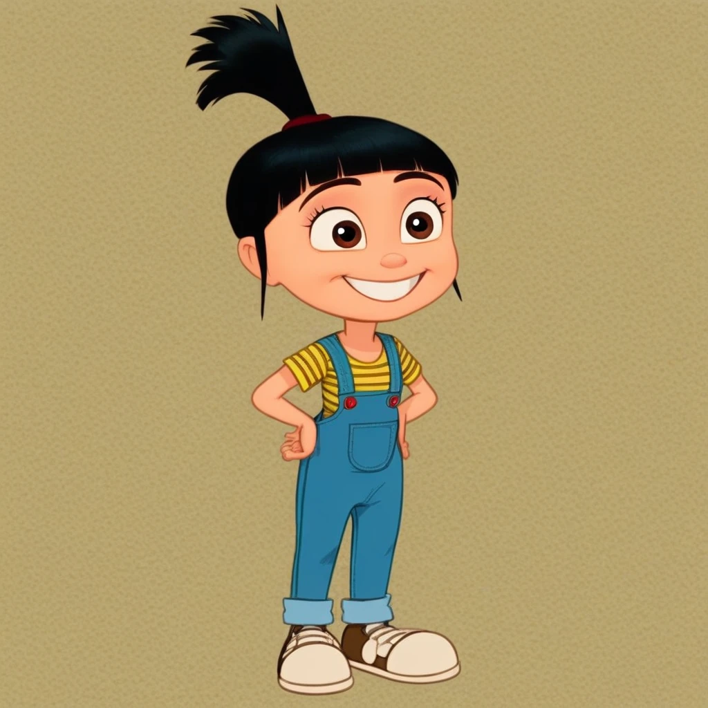 1girl, agnes, black hair, brown eyes, smile, ponytail, overalls