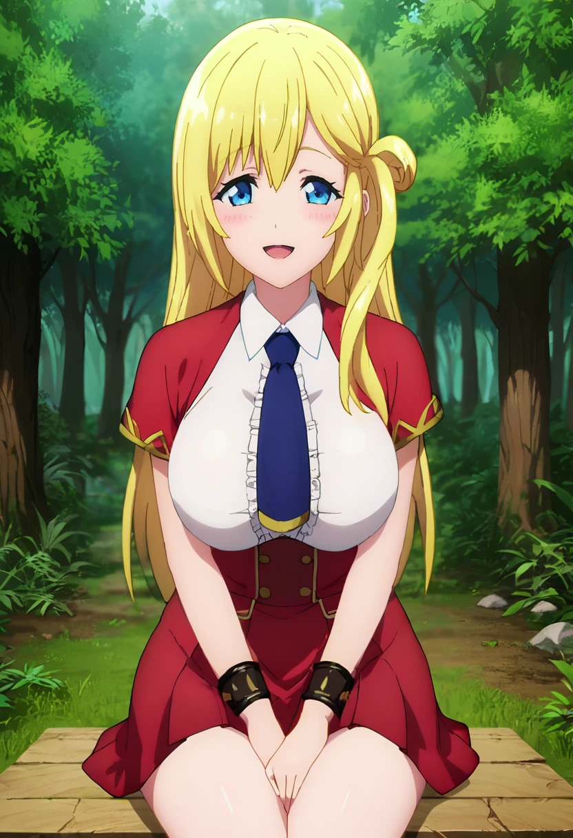 PonyXLV6_Scores ,source_anime, masterpiece,best quality, highly detailed,<lora:xl_more_art-full_v1:0.8>,cinematic,<lora:anime_screencap:1>fine anime screencap_xl, anime screencap
BREAK
<lora:enome:0.8>enome,1girl, solo, blue eyes, blonde hair, long hair, breasts, smile, looking at viewer, large breasts, open mouth,red skirt,white blush,blue necktie,red shoulders,sitting,forest,