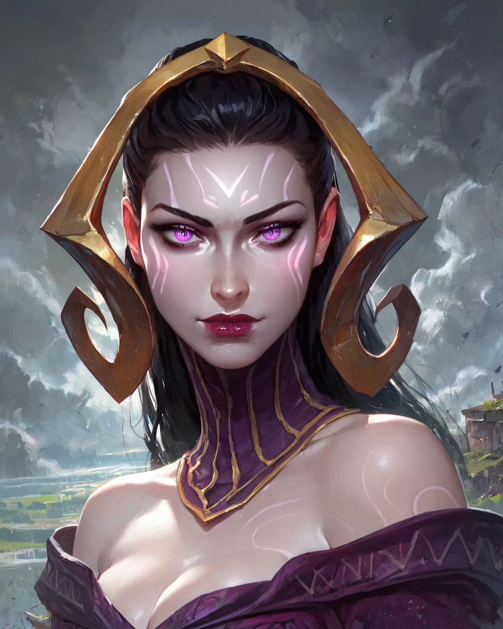 <lora:lilianavess_pny:0.8> lilianavess, 1girl, looking at viewer, black hair, purple eyes, pale skin, lipstick, glowing, facial mark, purple dress, bare shoulders, cleavage, outdoors, overcast, dark, close-up, score_9, score_8_up, score_7_up, score_6_up, score_5_up, score_4_up, ponypositive,
