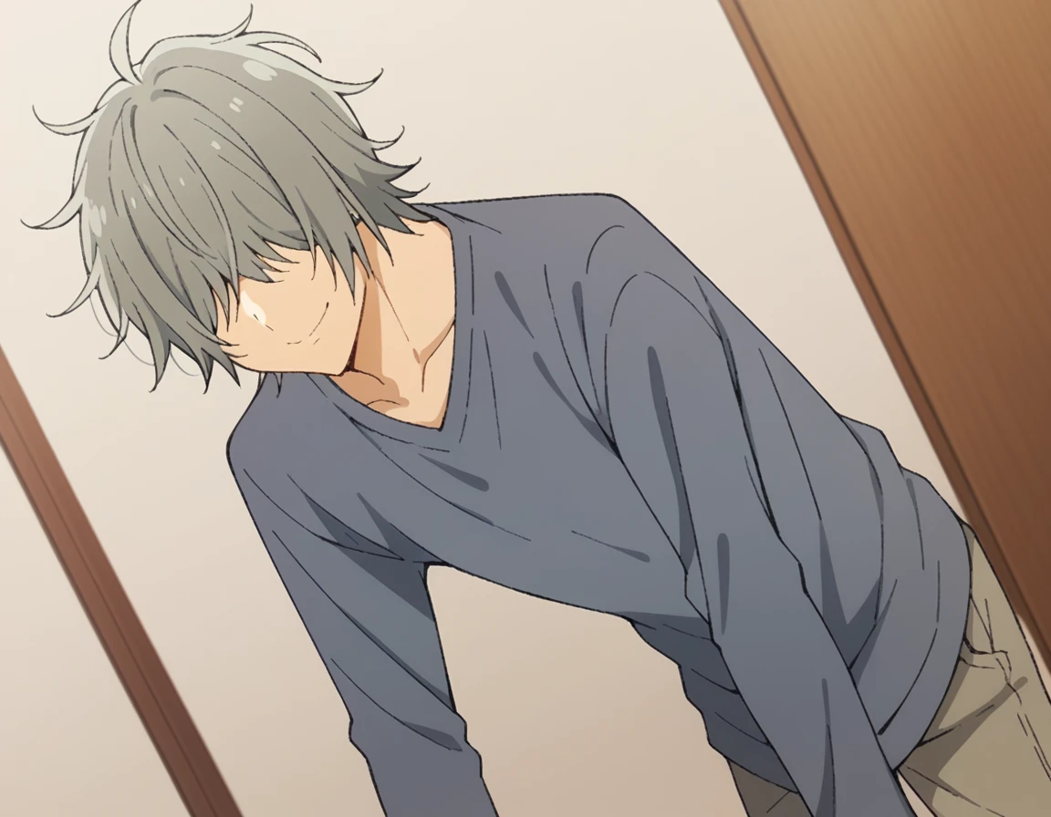 score_9, score_8_up, score_7_up, source_anime,
kyousukehori,  <lora:kyousuke-hori-s2-ponyxl-lora-nochekaiser:1>,
kyousuke hori, short hair, bangs, grey hair, male focus, messy hair, hair over eyes,
shirt, long sleeves, grey shirt, pants,
indoors, smile, bent over,
cowboy shot, looking at viewer, solo, dutch angle,