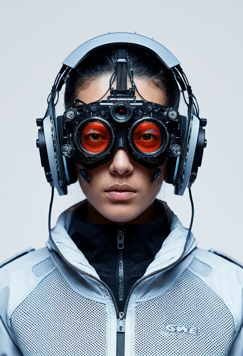 professional photography, front facing view, symmetrical composition, girl with obscured facial features sports an elaborate, futuristic head-mounted camera rig, embodying a cybernetic, sci-fi aesthetic; slick black hair swept back, distinctive tattoos adorn visible skin; dressed in a minimalist, dark bomber jacket, evoking a contemporary, urban vibe; the complex apparatus combines mechanical components, wiring, and optical systems, suggesting advanced surveillance or virtual reality technology; monochrome backdrop amplifies focus on the intricate details of the gear and the subject's sleek, enigmatic presence