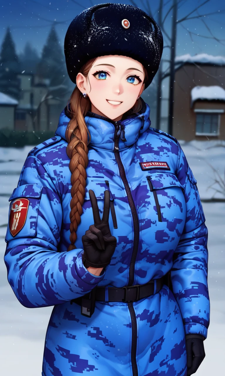 anime studio, anime artwork, anime artstyle, vibrant, score_9, score_8_up, score_7_up, source_anime, 1girl, cute anime face, long hair, huge breasts, solo, glavakolhoza_rosgvardiya, military uniform, outdoors, snowy, (dark blue pixel camouflage:1.1), winter jacket, winter hat, unit patch, standing, looking at viewer, <lora:glavakolhoza_rosgvardiya:0.8>, relaxed pose, slight smile, v sign with hands, gloves