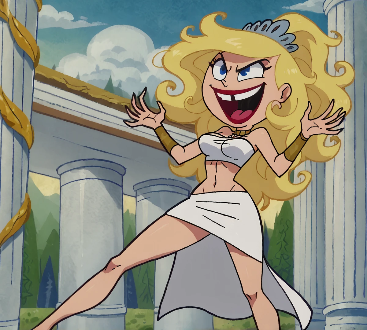 Eris, blonde hair, blue eyes, zPDXL, best quality, amazing quality, score 9, 1girl, bandeau, skirt, laughing, evil laugh, messy hair, greek pillars, outdoors, <lora:Eris:0.8>
