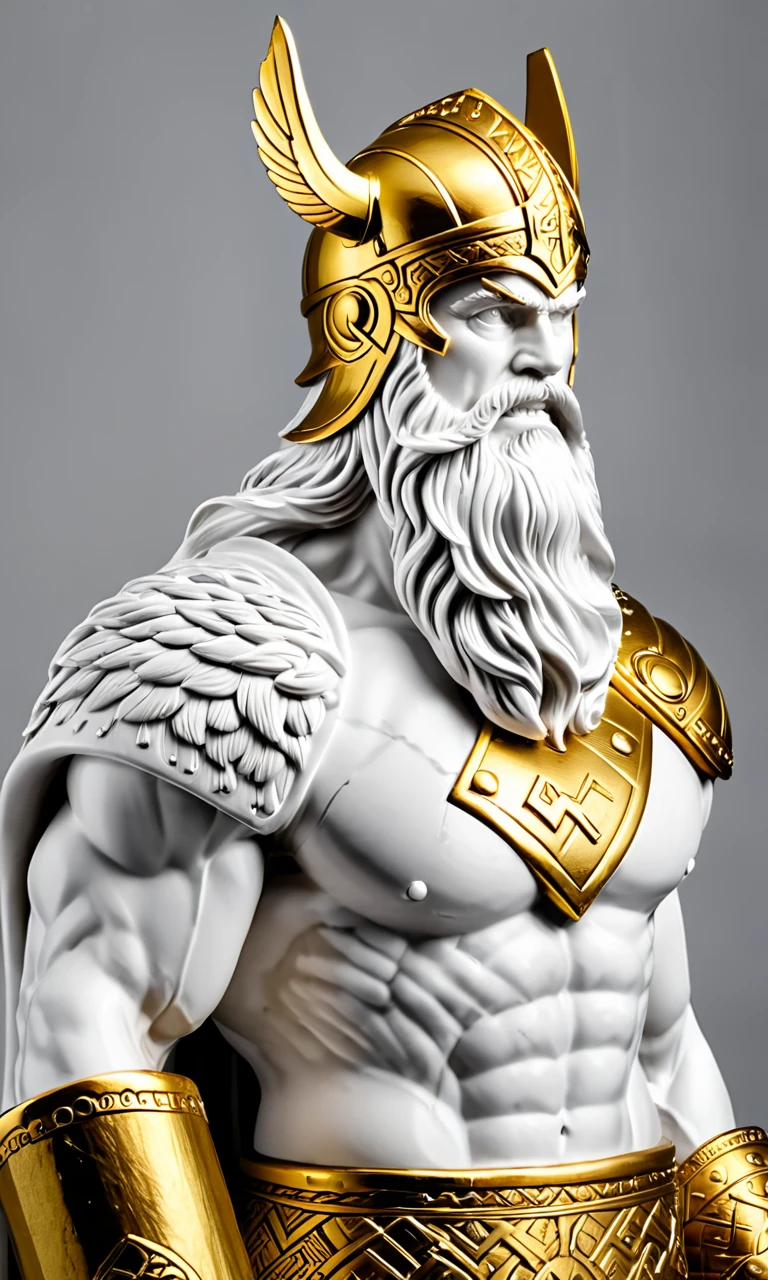 a statue of a Viking warrior with a large hammer, best quality, masterpiece, <lora:cstatuesdxl:0.8>, cstatuesdxl, white and gold, thor, muscular, winged helmet