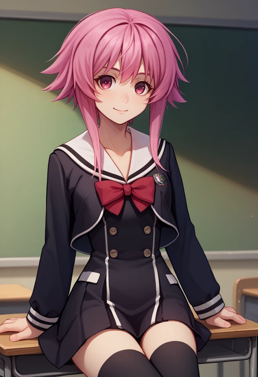score_9, score_8_up, score_7_up, source_anime, 1girl, cowboy shot, OnoeSerDef, short hair, pink hair, short hair with long locks, pink eyes, school uniform, black dress, white sailor collar, long sleeves, red bow, zettai ryouiki, black thighhighs, <lora:OnoeSerika_XLPD:1>, seductive smile, school, desk, sitting,
