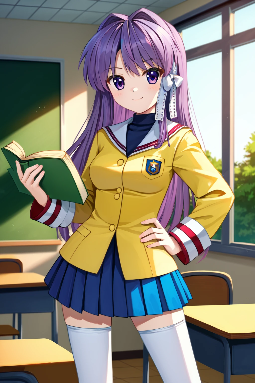 zPDXL2, rating_safe, source_anime, 4k quality, detailed background, detailed eyes, classroom, holding green book, hand on hip, smiling, <lora:fujibayashi-kyou-xl-04:1>, fujibayashi kyou, medium breasts, yellow uniform, clannad uniform, blue skirt, white stockings