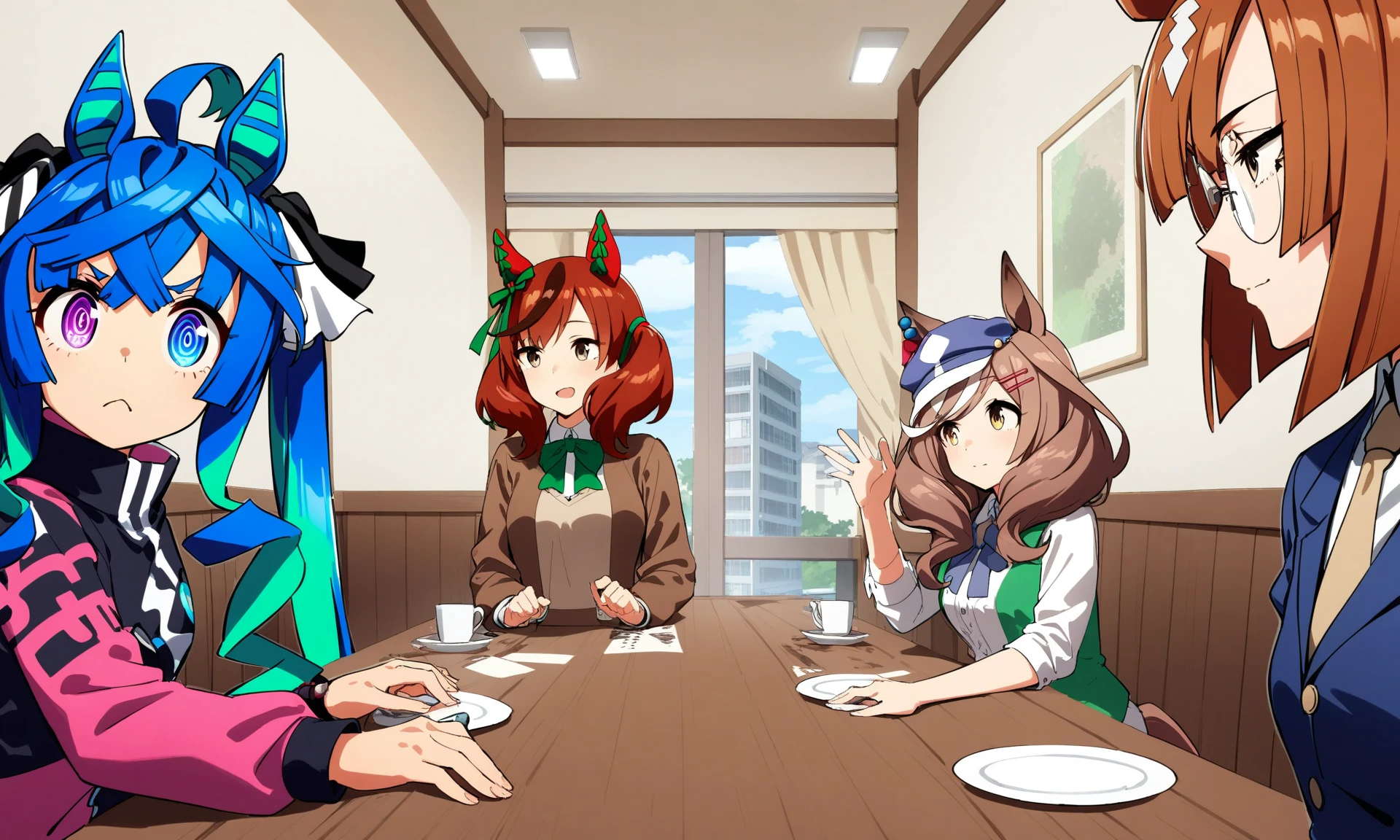 4girls, ikuno dictus \(umamusume\), twin turbo \(umamusume\), nice nature \(umamusume\), matikane tannhauser \(umamusume\), indoors, masterpiece, best quality, very aesthetic, absurdres
<lora:UmaDiffusionXL_UAF-000010:0.7>