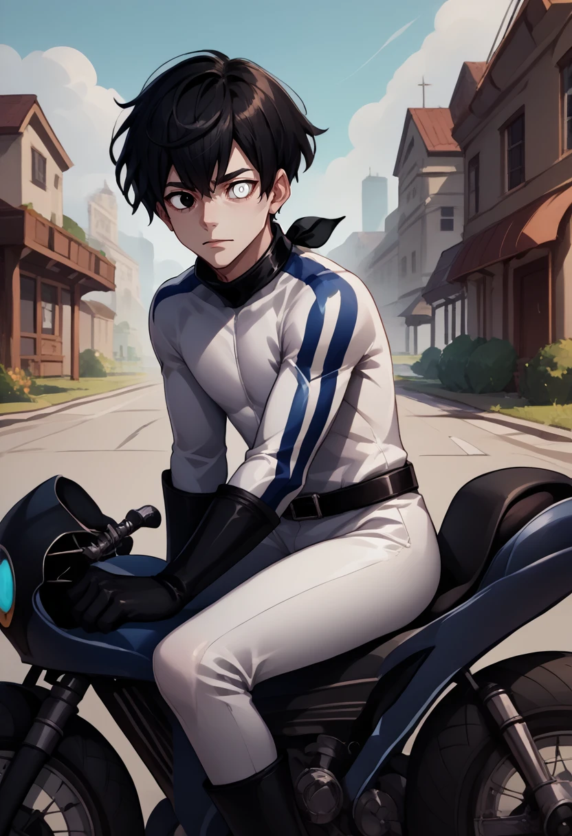 score_9, score_8_up, score_7_up, source_anime, bikesuit, biker clothes, white bodysuit, black belt, <lora:BikesuitsMario_XLPD:1>, 1boy, on motorcycle, leaning forward, sitting, <lora:oc_justtnp_ponyXL:1> justtnp, heterochromia, black eyes, white eyes, black gloves, black hair, outdoors,