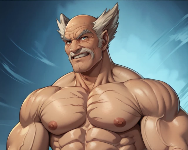 manly old man, retro anime, anime,bald, facial hair, heihachi, wrinkled skin, smile, solo, (dougi:1.1), muscular male, <lora:Heihachi-05:1>, (best quality:1.3)