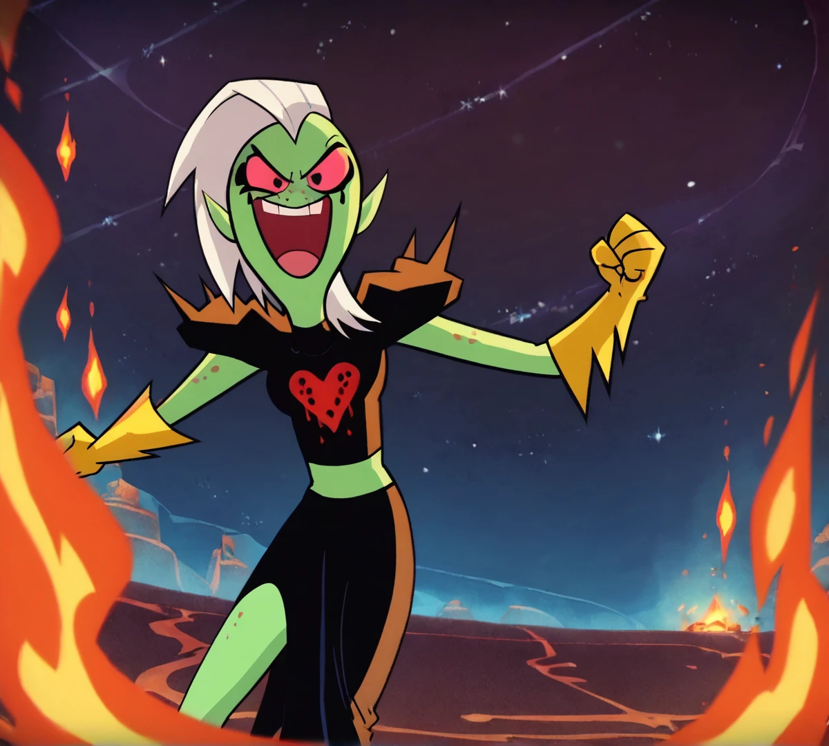 Lord Dominator, zPDXL, best quality, amazing quality, score 9, 1girl, white hair, evil laugh, clenched hands, background on fire, outdoors, night, space, <lora:Lord_Dominator:0.8>