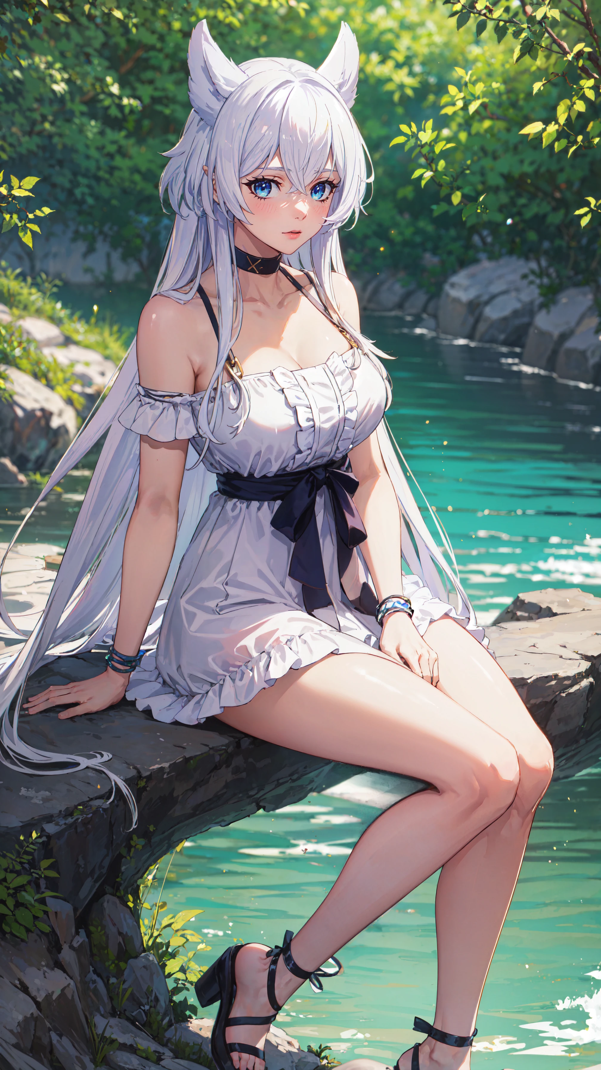 photorealistic, (4k), depth of field, (Masterpiece), (realistic skin texture), extremely detailed, intricate, hyper detailed, professional photography, bokeh, high resolution, sharp detail, best quality, girl, white hair, long hair, animal ears, blue eyes, white dress, bracelets, bare shoulders, blue ribbon, chocker, gladiator sandals,<lora:GoodHands-vanilla:0.4>, <lora:detail_slider_v4:0.8> , dynamic pose, (sitting with hands around her ankles),  <lora:Fenrys-000004:0.7>, river, stream, flowing water, blue sky,