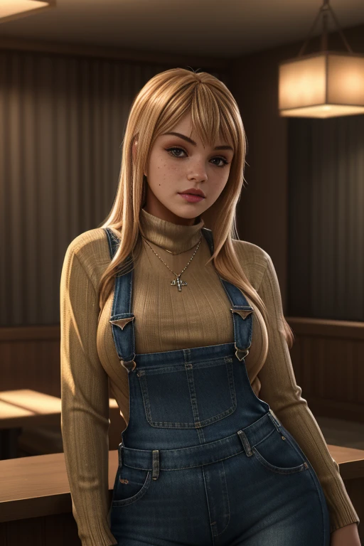 ju1i3t4y10r, sfw, blonde two-tone hair, bangs, brown eyes, long hair, (freckles:1.2), (red turtleneck sweater:1.1), necklace, bracelet, realistic, denim, overalls, indoors, fast food restaurant, <lora:Julie_Taylor_PMv1b_Lora:1.3>,, glow effects, godrays, Hand drawn, render, 8k, octane render, cinema 4d, blender, dark, atmospheric 4k ultra detailed, cinematic, Sharp focus, big depth of field, Masterpiece, colors, 3d octane render, 4k, Concept art ð, trending on artstation, hyperrealistic, Vivid colors, extremely detailed CG unity 8k wallpaper, trending on CGSociety, Intricate, High Detail, dramatic, ((Glamour Shot))