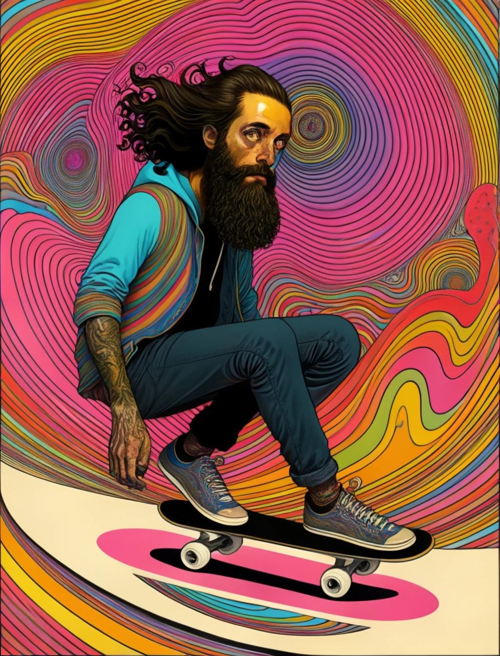 trippy skateboarder, with beard, surreal,