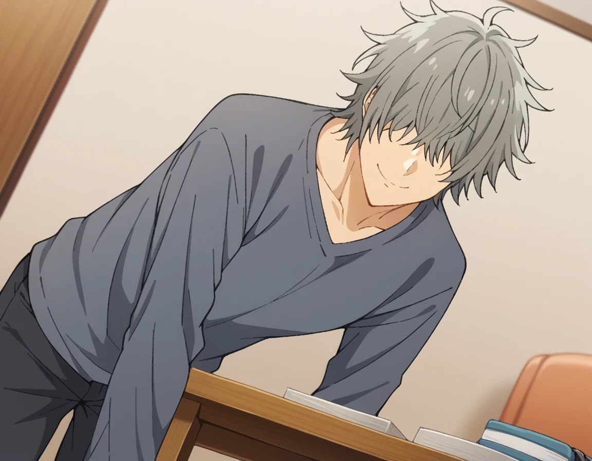 score_9, score_8_up, score_7_up, source_anime,
kyousukehori,  <lora:kyousuke-hori-s2-ponyxl-lora-nochekaiser:1>,
kyousuke hori, short hair, bangs, grey hair, male focus, messy hair, hair over eyes,
shirt, long sleeves, grey shirt, pants,
indoors, smile, bent over,
cowboy shot, looking at viewer, solo, dutch angle,