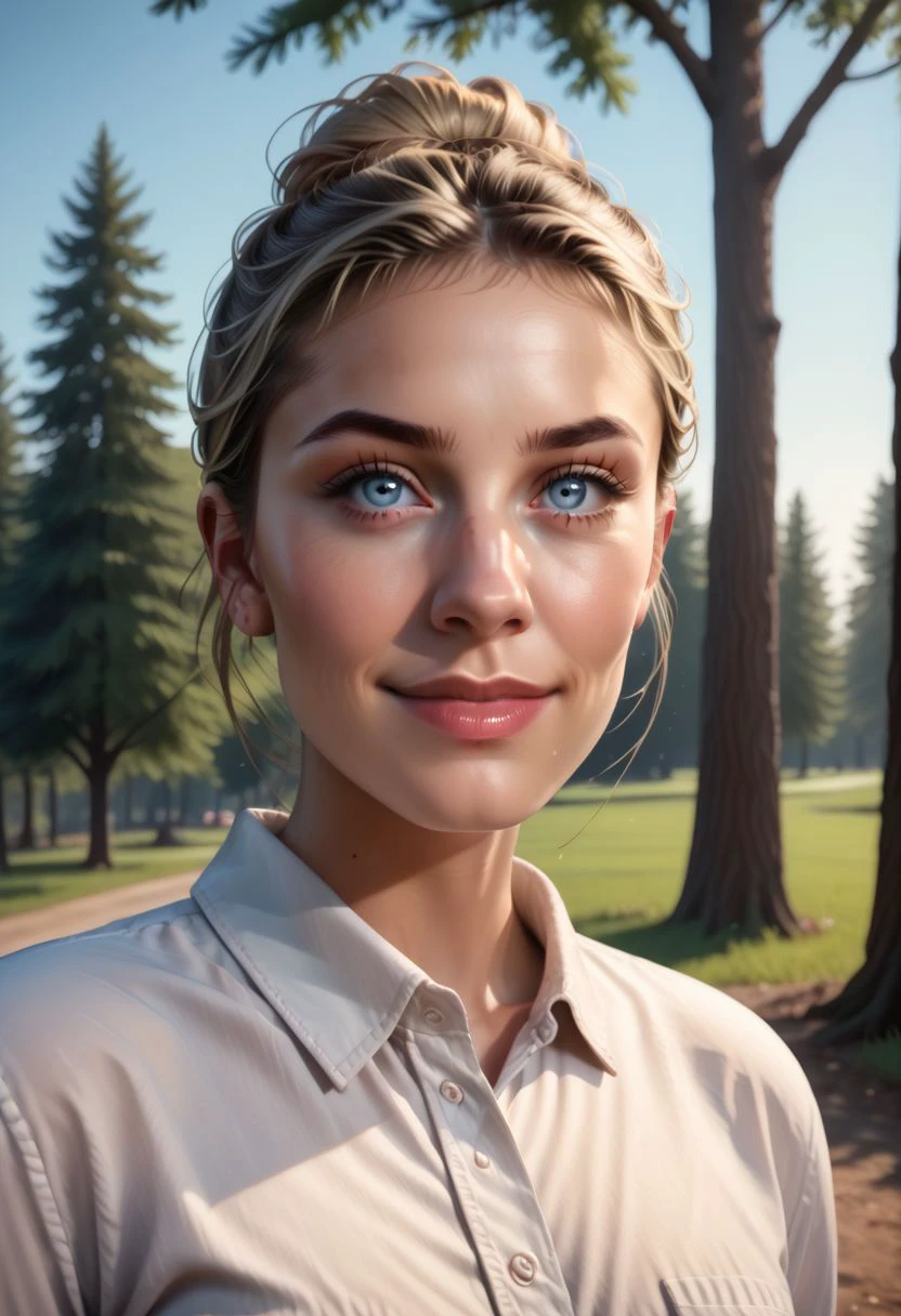 hyperrealistic portrait of a (syblz style), 1girl,  solo,  single hair bun, sidelocks, female focus,  tree,  blonde hair, hazel blue eyes, outdoors, upper body,  collared shirt, white shirt, mini smile, straight on, sky, day,  natural photography, natural lighting, photorealistic, candid camera, atmospheric lighting,  textured skin, natural, shallow dof BREAK zPDXL2