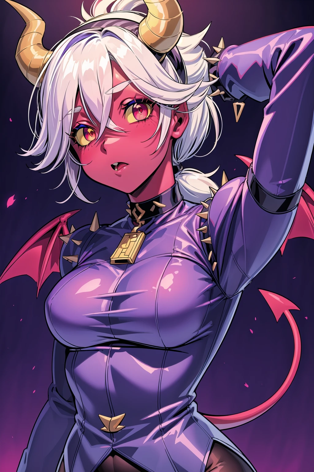 (masterpiece, best quality), trixie colette, 1girl, solo, demon girl, (colored skin, red skin, red eyes, colored sclera, yellow sclera, ponytail:1.3), short hair, white hair, hair over one eye, demon tail, demon horns, demon wings, hairband, choker, shirt, spikes, arm belt, (spiked bracelet, long sleeves, sleeves past fingers, sleeves past wrists:1.2), shorts, portrait, arm behind back, <lora:Trixie_Colette__Brawl_Stars:0.7>