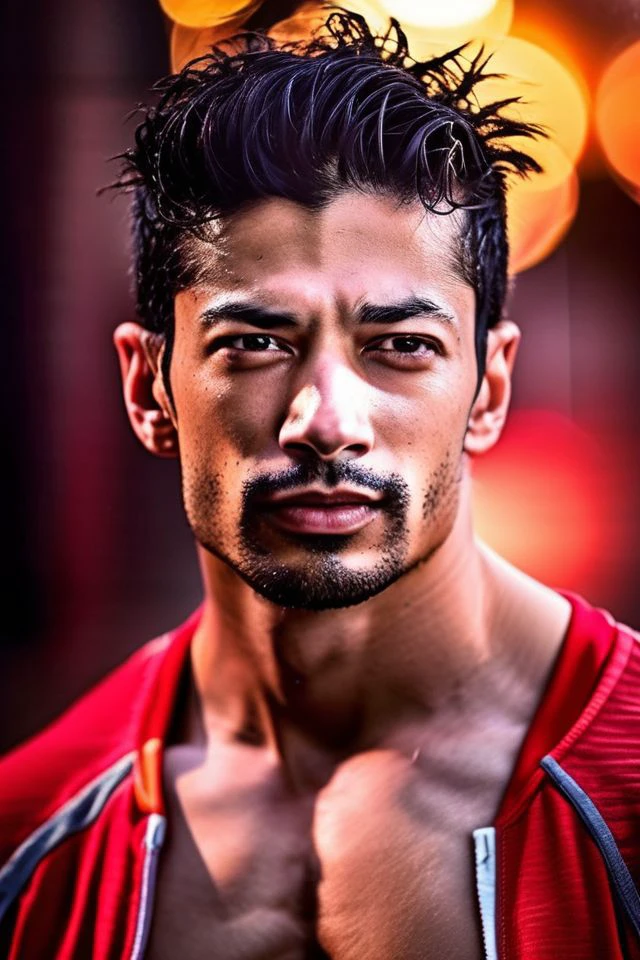 Ace Young a man <lora:muzi-Ace-Young:1>, realistic photo in a worn ((red tracksuit)), ((light bokeh)), intricate, (steel metal [rust]), elegant, sharp focus, photo by greg rutkowski, soft lighting, vibrant colors, (masterpiece), ((streets)), (detailed face), looking at viewer, light smile, night, walking towards viewer, cinematic lighting, beautiful lighting, cinematic lighting, (hazy filter, film grain:1.2)