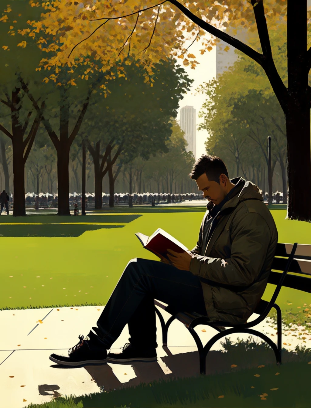 man reading a book in park, guweiz