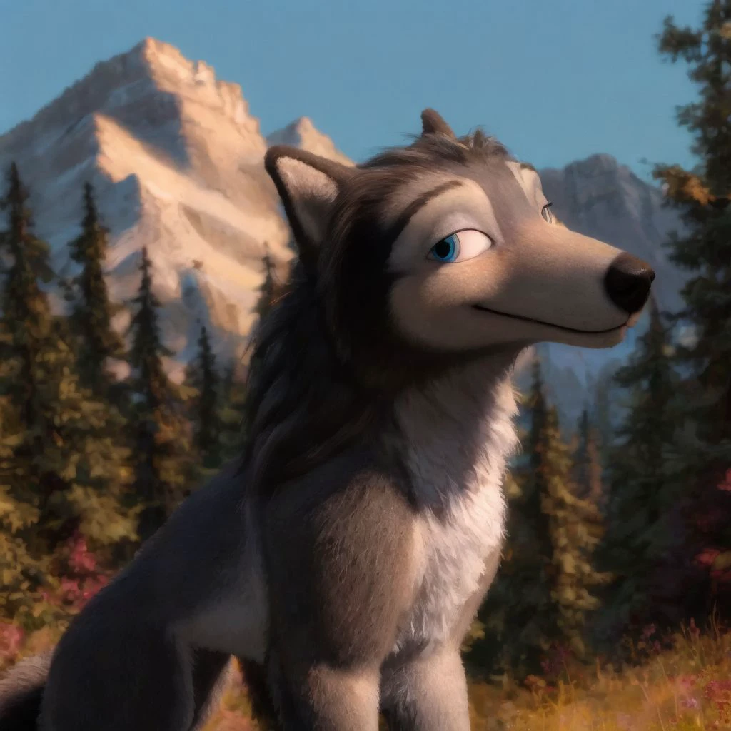 <lora:Humphrey_(Alpha_and_Omega):0.7>, Humphrey, wolf, feral, grey fur, blue eyes, full body:1.2, side view, smile, looking at viewer, happy, forest, mountains, trees