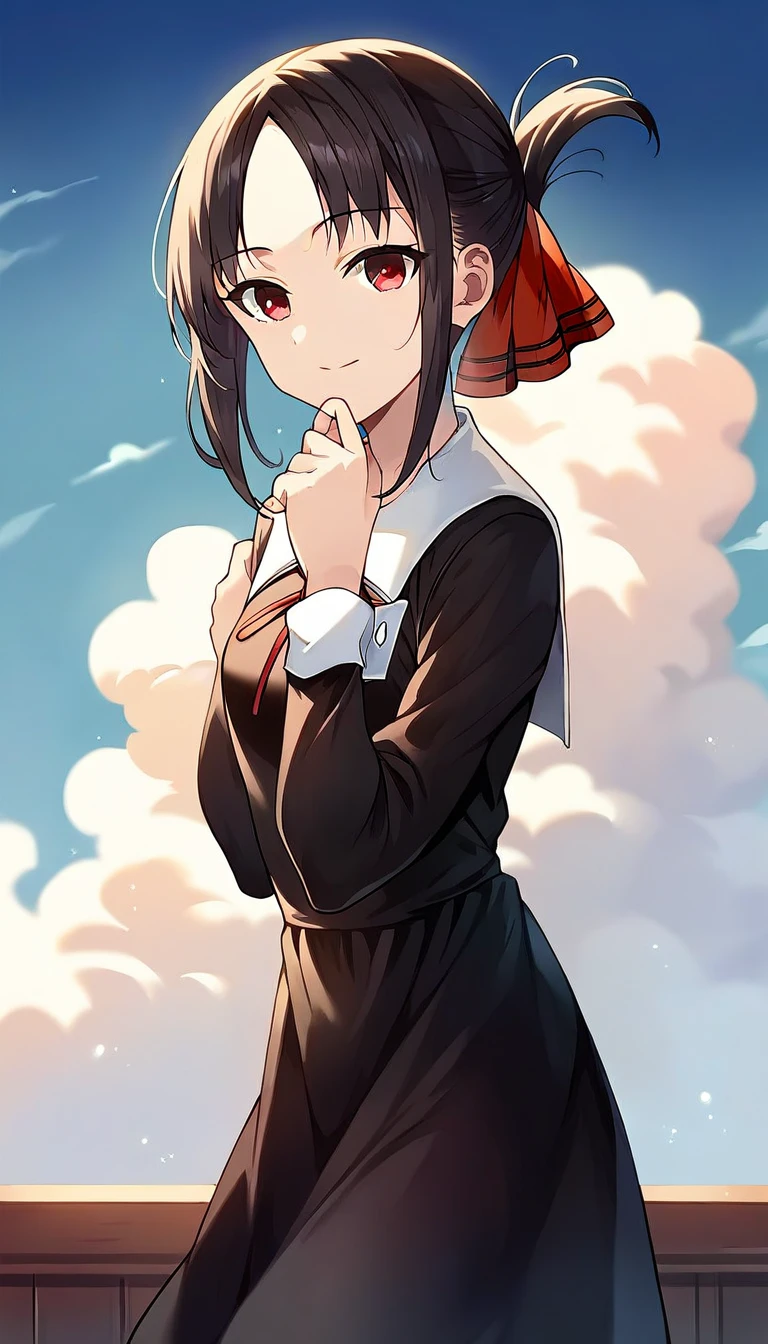 rating_9, rating_8_up, rating_7_up, rating_6_up, masterpiece, source_anime, 1girl, kaguya, black hair, black dress, neck ribbon, white sailor collar, long sleeves,  cowboy shot, looking at viewer, hand on chin, smile, sky, blue sky, clouds, <lora:KaguyaPONYXL-000009:0.8>,