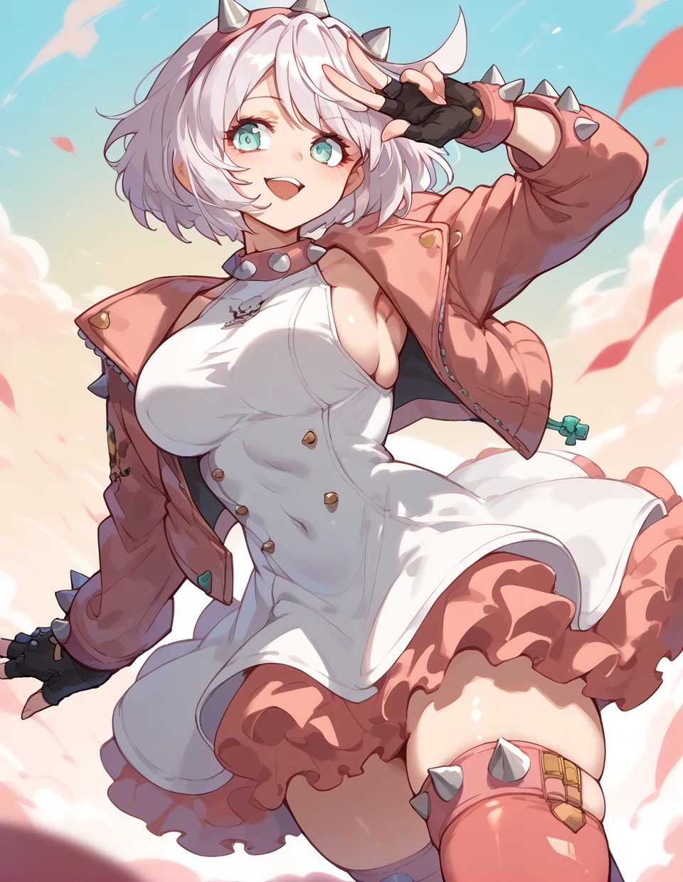 score_9,score_8_up,score_7_up,score_6_up,score_5_up,score_4_up,
1girl,solo,<lora:Elphelt Valentine_pony:1>,elphelt_valentine,spikes,spiked bracelet,open jacket,dress,thighhighs,fingerless gloves,
