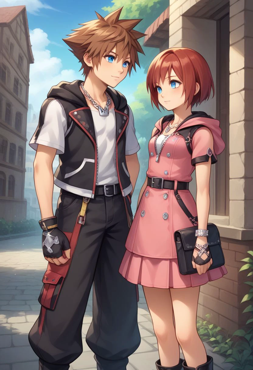 score_9, score_8_up, source_anime, highly detailed, 1girl, 1boy, upper body, 
kairi, 1girl, blue eyes, zipper, jewelry, boots, dress, necklace, short hair, red hair, pink dress, zipper pull tab, pleated dress, short dress, 
sora, fingerless gloves, 1boy, male focus, spiked hair, blue eyes, gloves, necklace, brown hair, hood, short sleeves, 
outdoor, village,