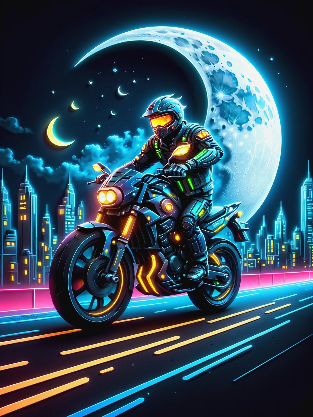 cityscape, man on motorbike racing through city moon, night sky, glowing outline, mad-cybrpprct2, neon lights <lora:Neon_Cyberpunk_Papercut_2_SDXL:0.9>, (masterpiece:1.2), best quality, (hyperdetailed, highest detailed:1.2), high resolution textures