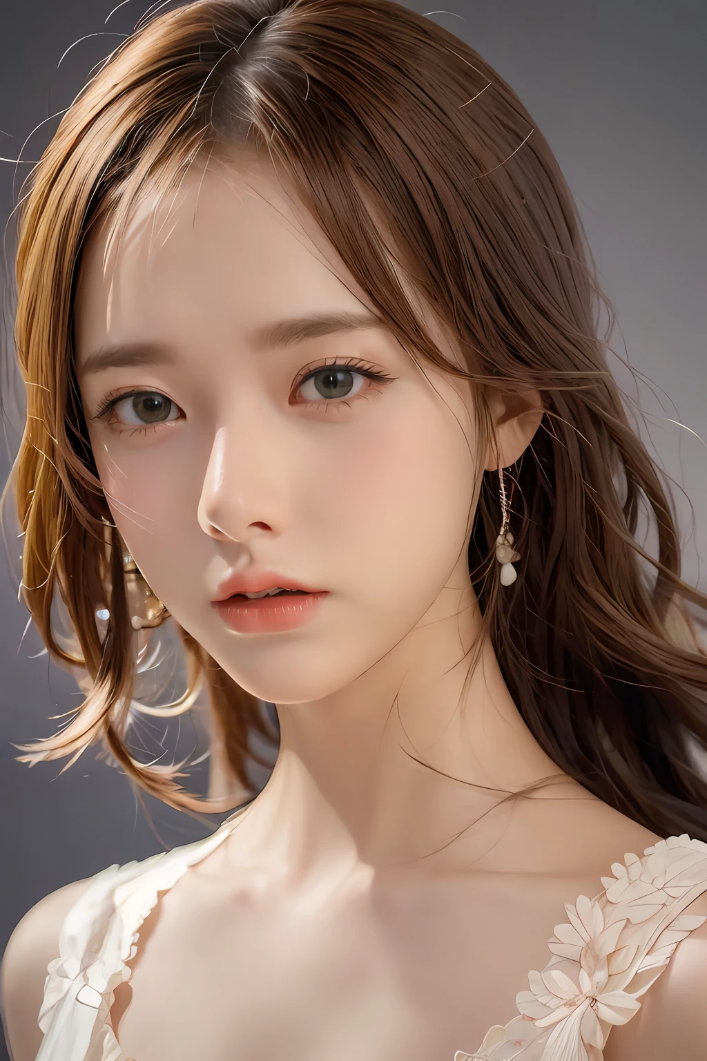 masterpiece, (Best quality:1.3), Raw Photo, realistic, (photorealistic:1.3), 1girl, solo, looking at viewer, portrait, simple gray background, <lora:Kwon_Yi_seul:1>