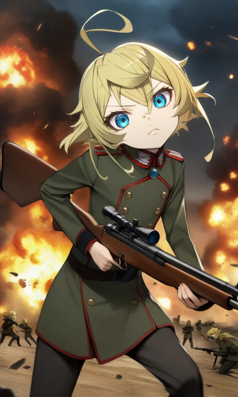 1girl, tanyadegurechaff, blue eyes, blonde hair, pointy hair, ahoge, 
red gem, military uniform, weapon, rifle, 
standing, looking at viewer, dynamic pose, 
battlefield, war, night, explosions, fire, 
masterpiece, best quality, very aesthetic, absurdres, nyatabe, 
<lora:TanyaDegurechaff_XL:1><lora:Nyatabe_XL:1>