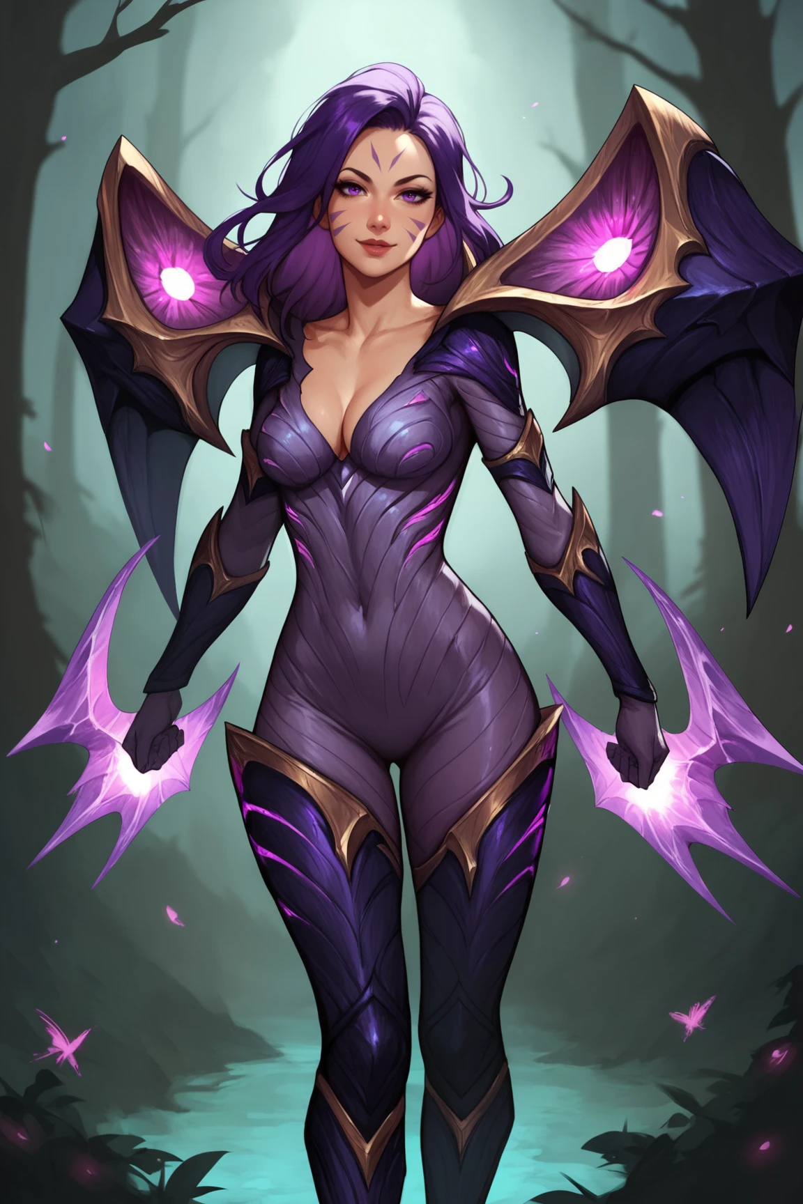 score_9, score_8_up, score_7_up, score_6_up, score_5_up, score_4_up, KaisaLoLXL, facial mark, forehead mark, purple eyes, purple hair, long hair, medium breasts, wings, cleavage, shoulder armor, (bodysuit), elbow gloves, hips armor, thighhighs, boots, standing, seductive smile, looking at viewer, forest, tree <lora:KaisaLoLXL:0.8>